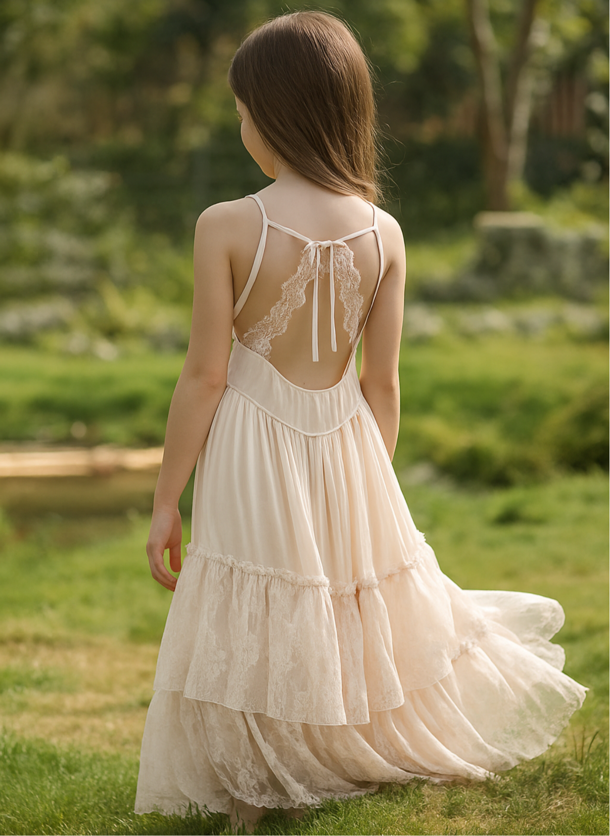 Vestido largo en tono marfil, con tirantes delgados, espalda descubierta con encaje y falda de capas vaporosas con encaje. Romántico y etéreo, ideal para un look de cuento.